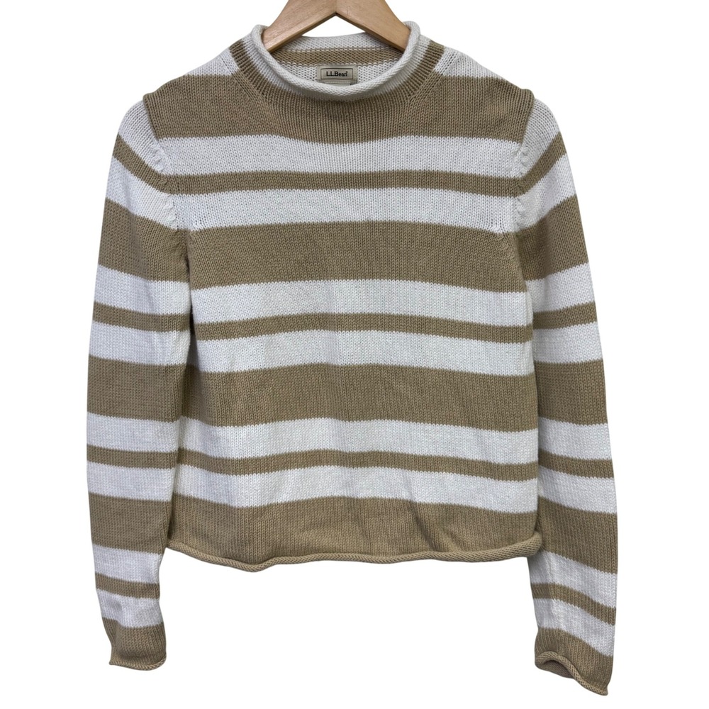 VTG LL Bean Women Roll Neck Sweater XS Tan White Striped 100% Cotton Nautical